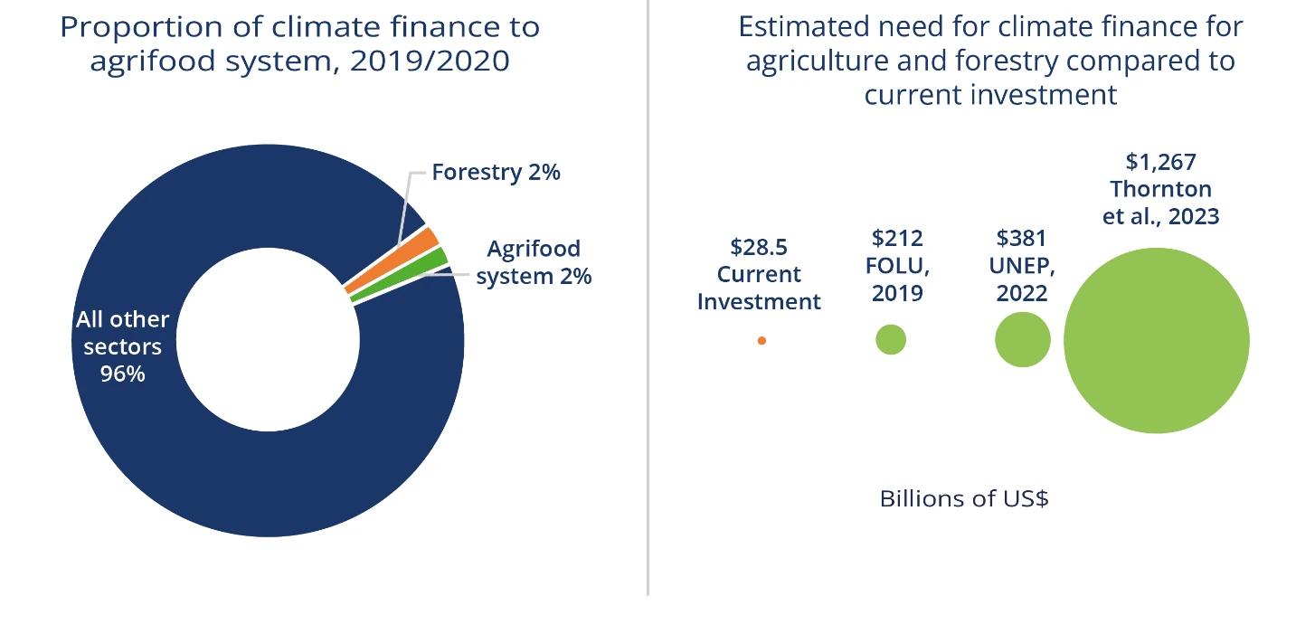 Figure 10. Proportion of current climate finance focused on agriculture and forestry, and additional estimated needs